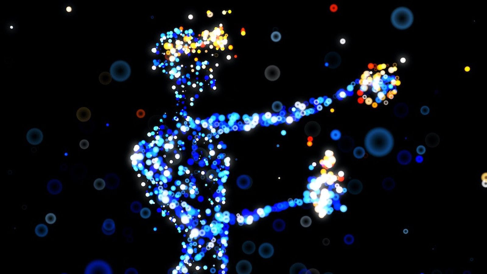 Image composed of light dots in different colors shows a stylized person wearing a headset and holding a controller in both hands.