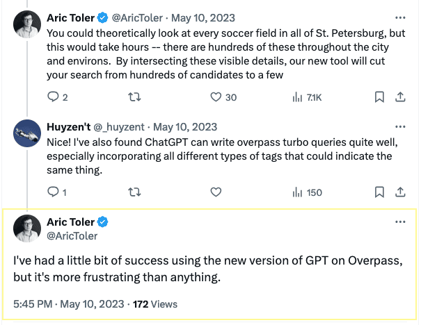 Screenshot Twitter/X by AricToler, (formerly) of Bellingcat, about the lack of success while using ChatGPT for writing OT Prompts