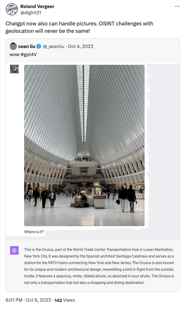 Screenshot of Twitter/X by Roland Vergeer about the capabilites of ChatGPT 4 Vision for OSINT