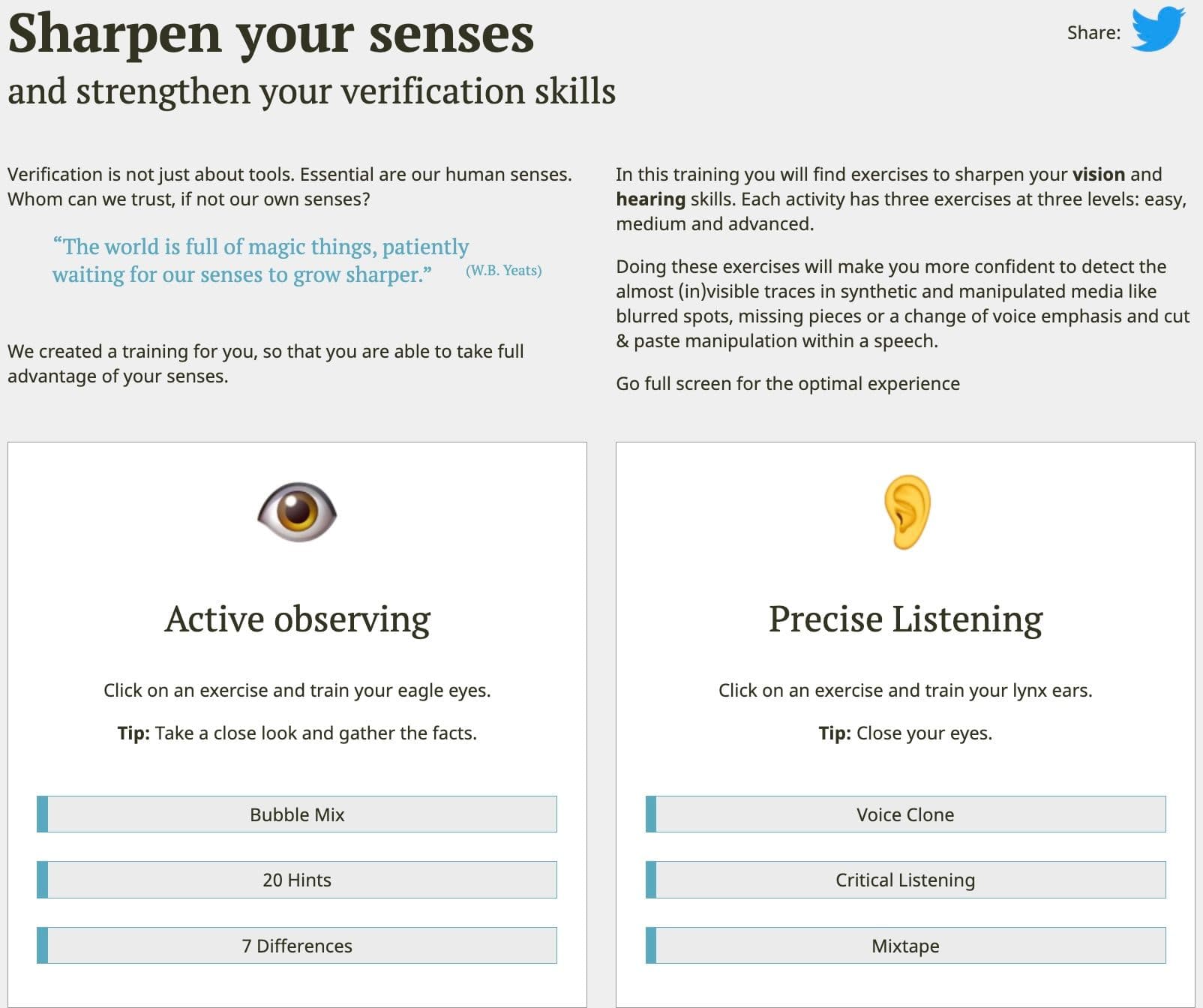 A screenshot of the "Sharpen your senses" training page.