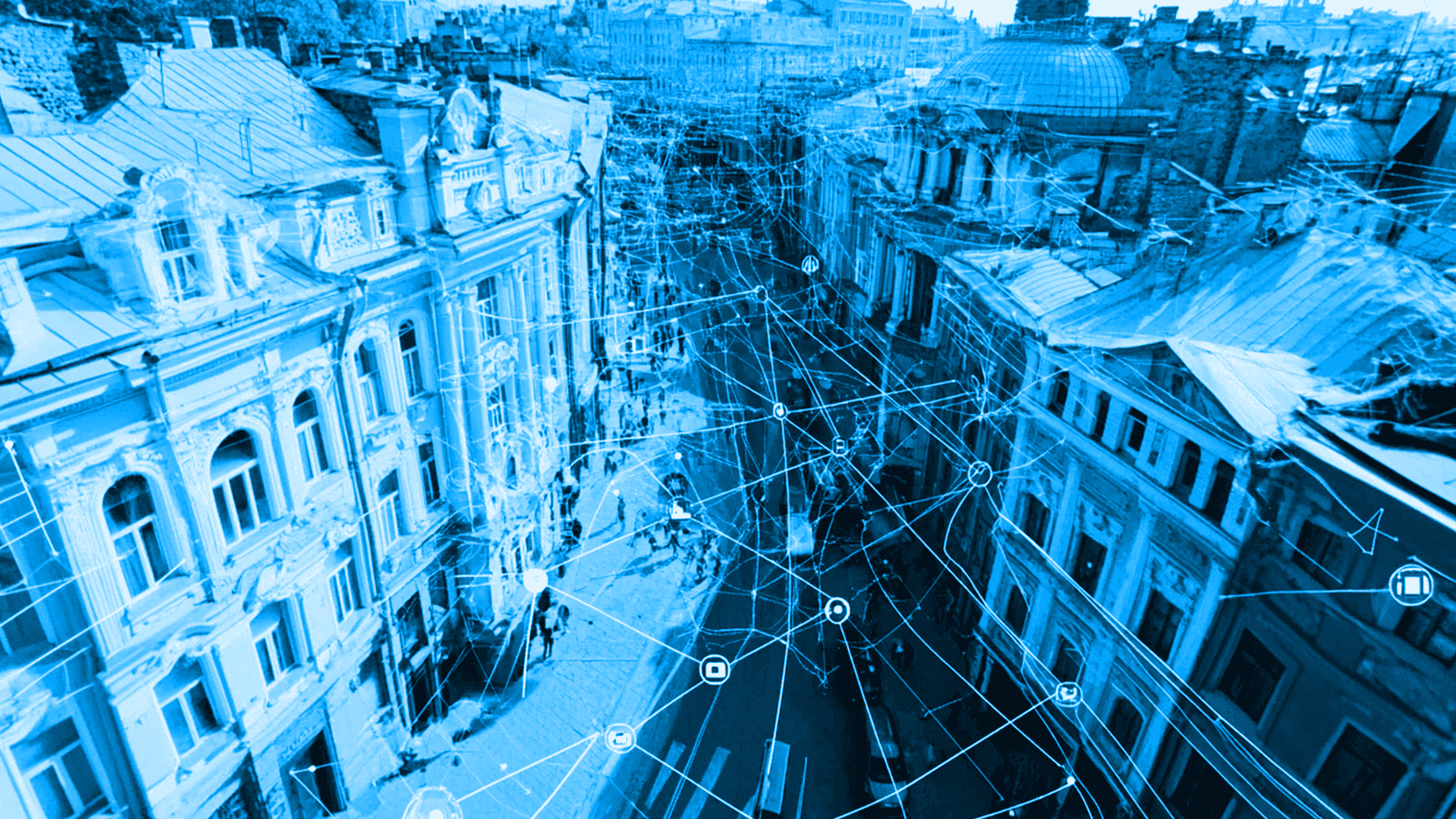 AI generated image showing a city with geospatial information patterns
