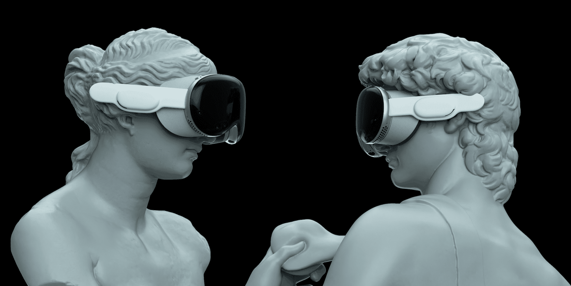 Two antique statues wearing XR headsets. Via Igor Omilaev / Unsplash