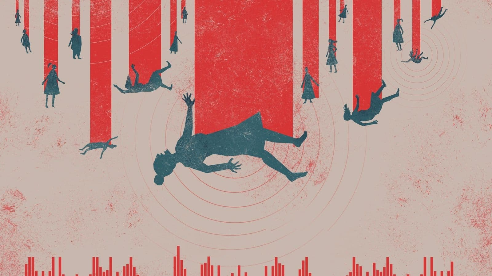 Illustration shows silhouettes of injured and dead women as well as red circles and bar charts