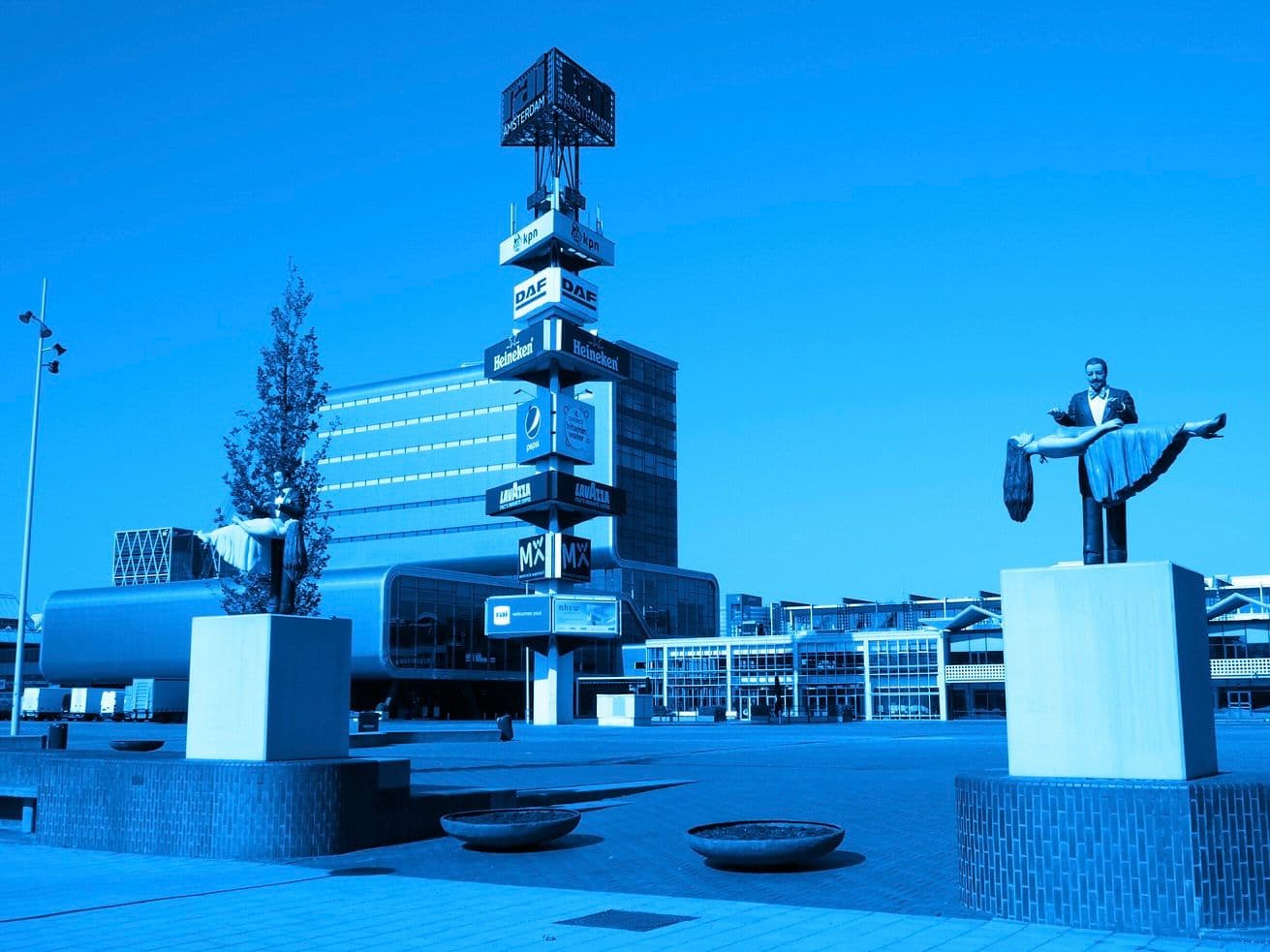 RAI Convention Centre and statues, blue tint
