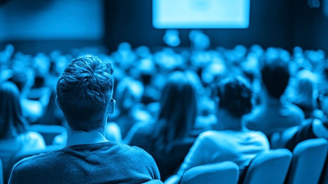 People at a conference with their backs faced to the camera, listening to someone speak on stage.