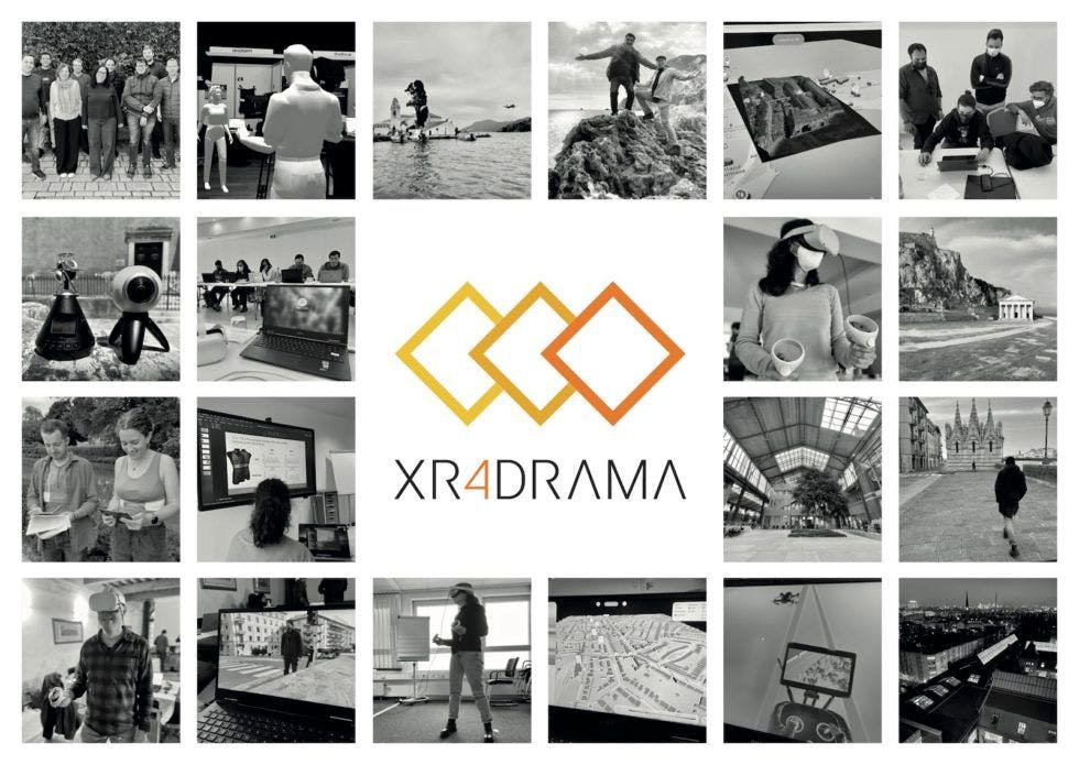 A collage of 20 project-related black-and-white photos and the XR4DRAMA logo.