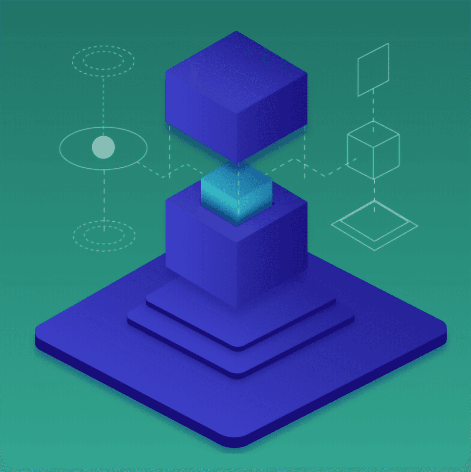 Image shows a TRUBLO project visual, namely an abstract blue cuboid on a blue pedastal – and a couple of other shapes sketched to its left and right.