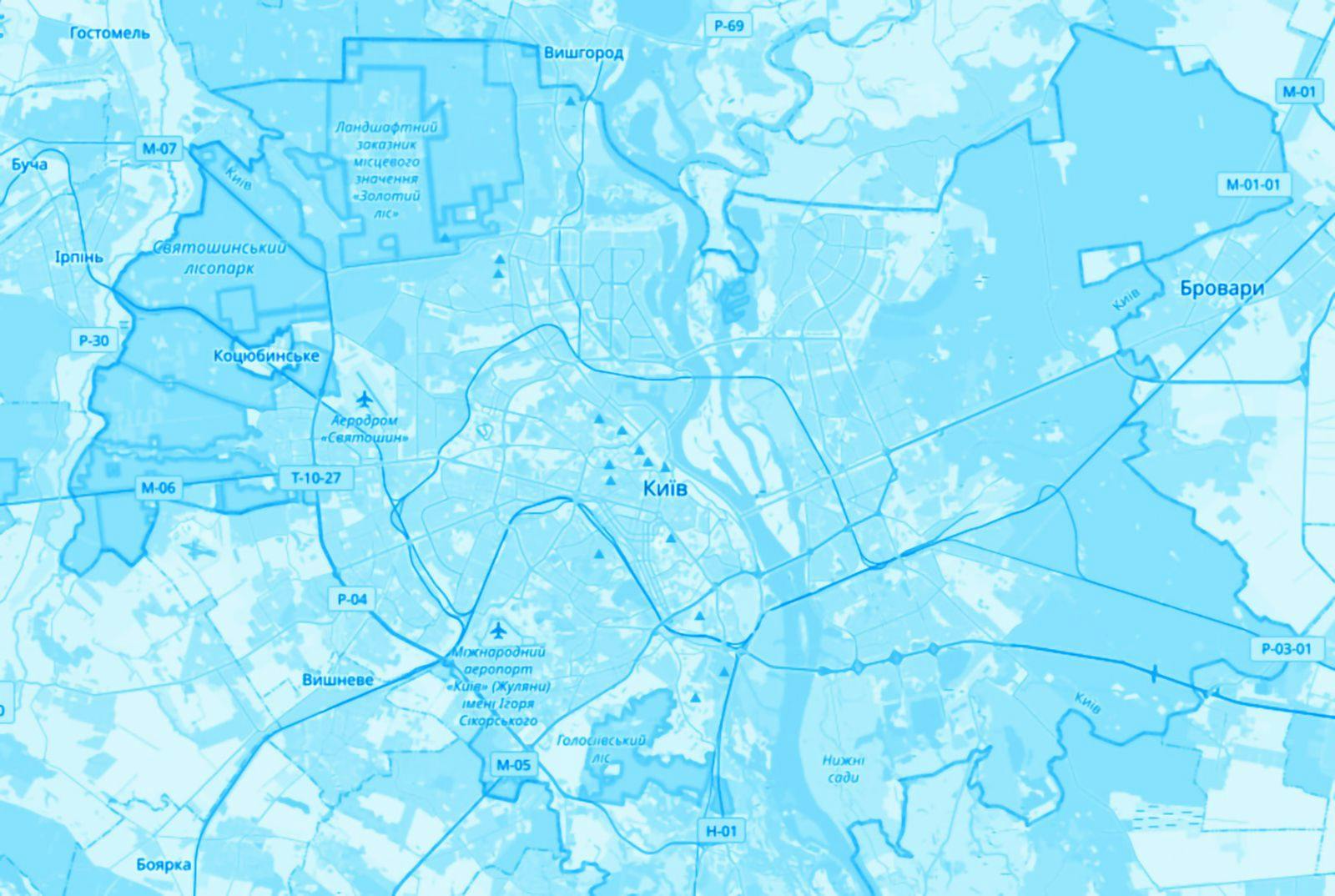 Blue-tinted map (based on an OSM screenshot) shows Kyiv, the capital and most populous city of Ukraine.