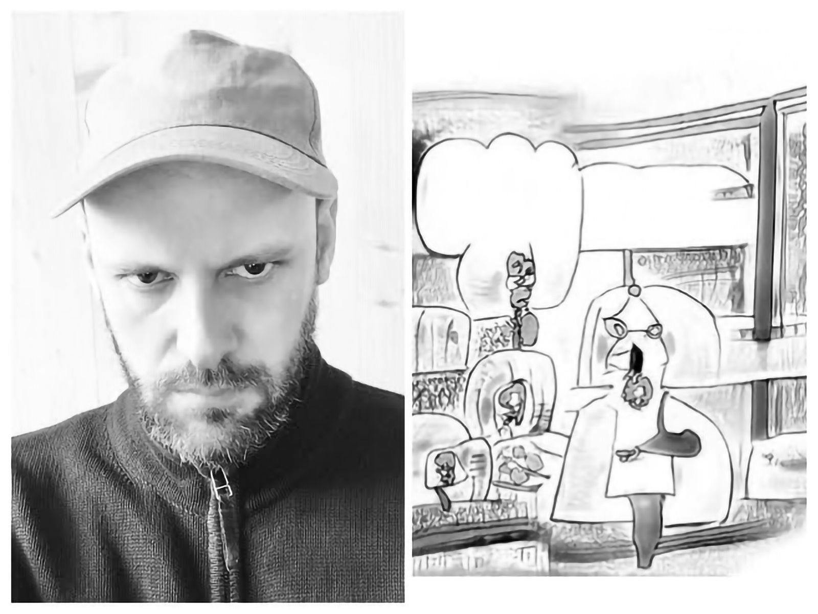 Black and white photo collage shows Ilan Manouach (wearing a beard and a baseball hat) on the left – and somewhat undefined comic characters in a surreal setting on the right.