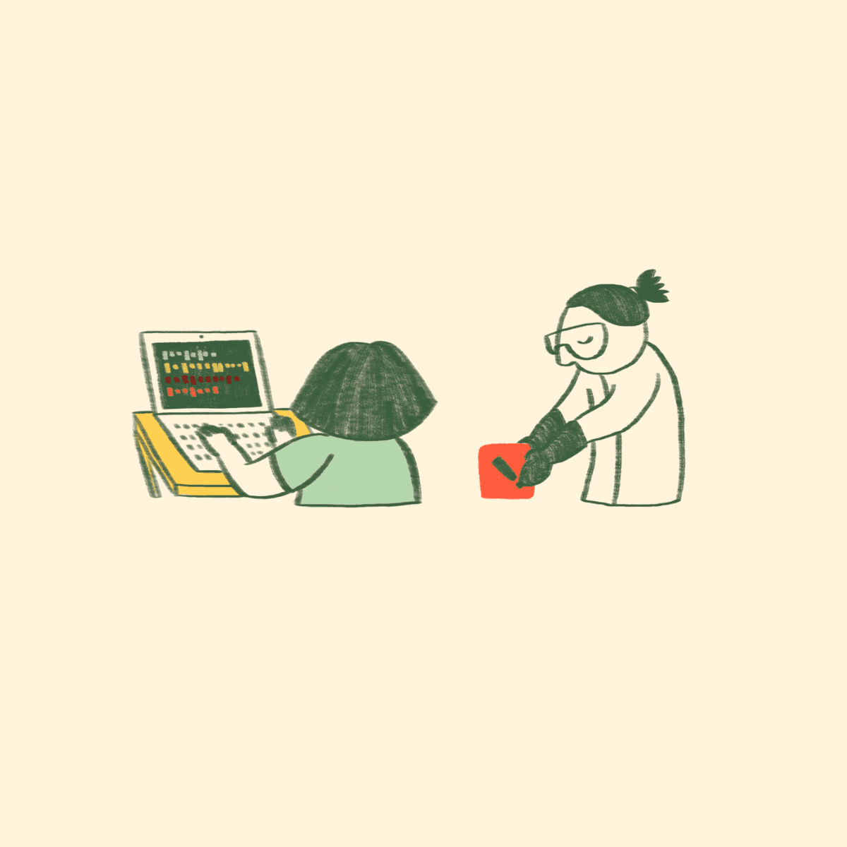 On the left: a researcher on a computer. On the right: Another researcher in protective clothes holding a warning sign. Illustration: Y. Dwiputri & Data Hazards Project / Better Images of AI