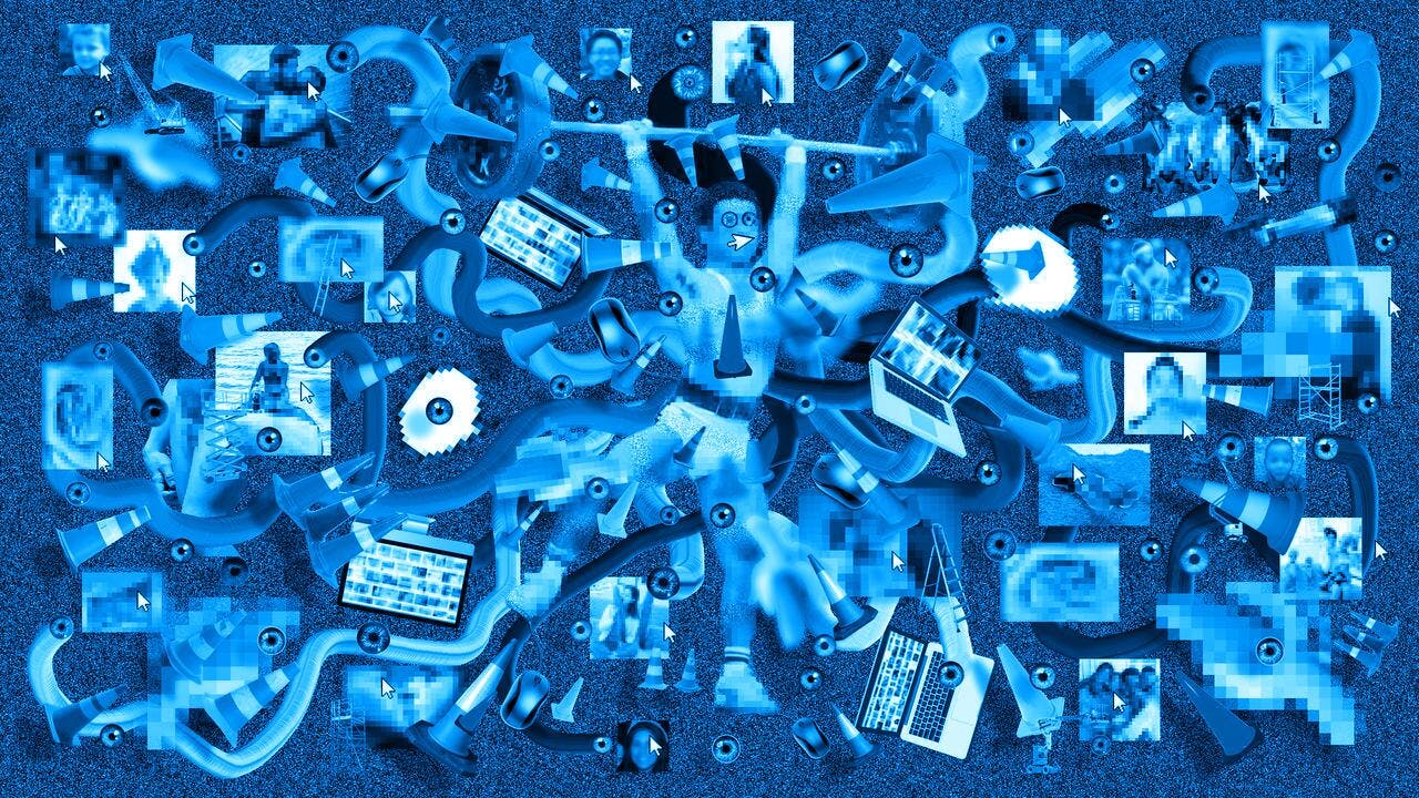 Abstract digital wimmelpicture. At the centre, there's a person lifting a heavy weight. The person is surrounded by lots of pixelated gadgets, computers, bits of data, and traffic cones.