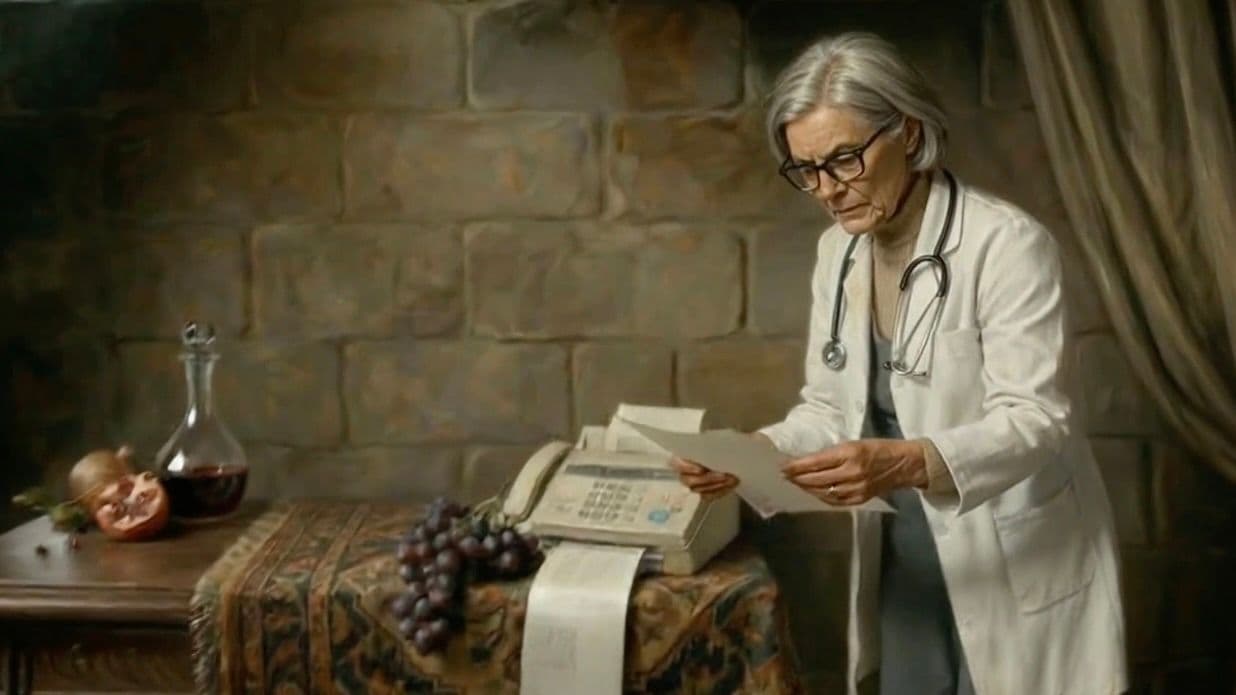 Dr. Anna Logue and her fax machine – AI-generated painting
