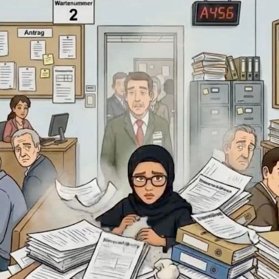 DW presenter Tasneem Zahra is buried in paperwork (cropped still from an AI-generated video teaser).