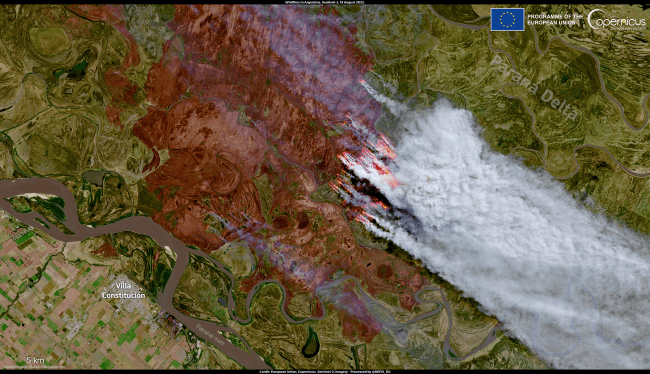 Satellite view of wildfires in the Paraná River Delta