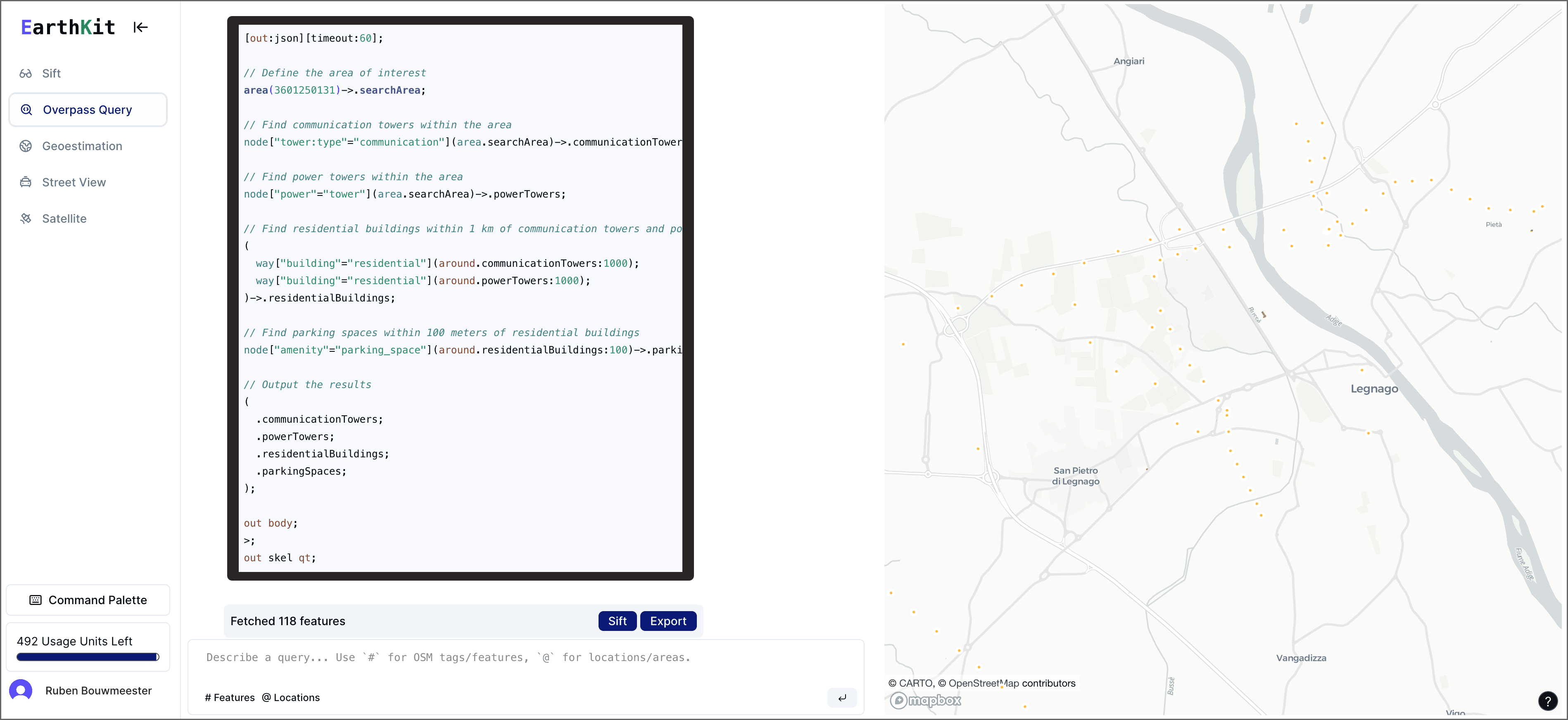 Image showing an Earthkit Overpass Query search
