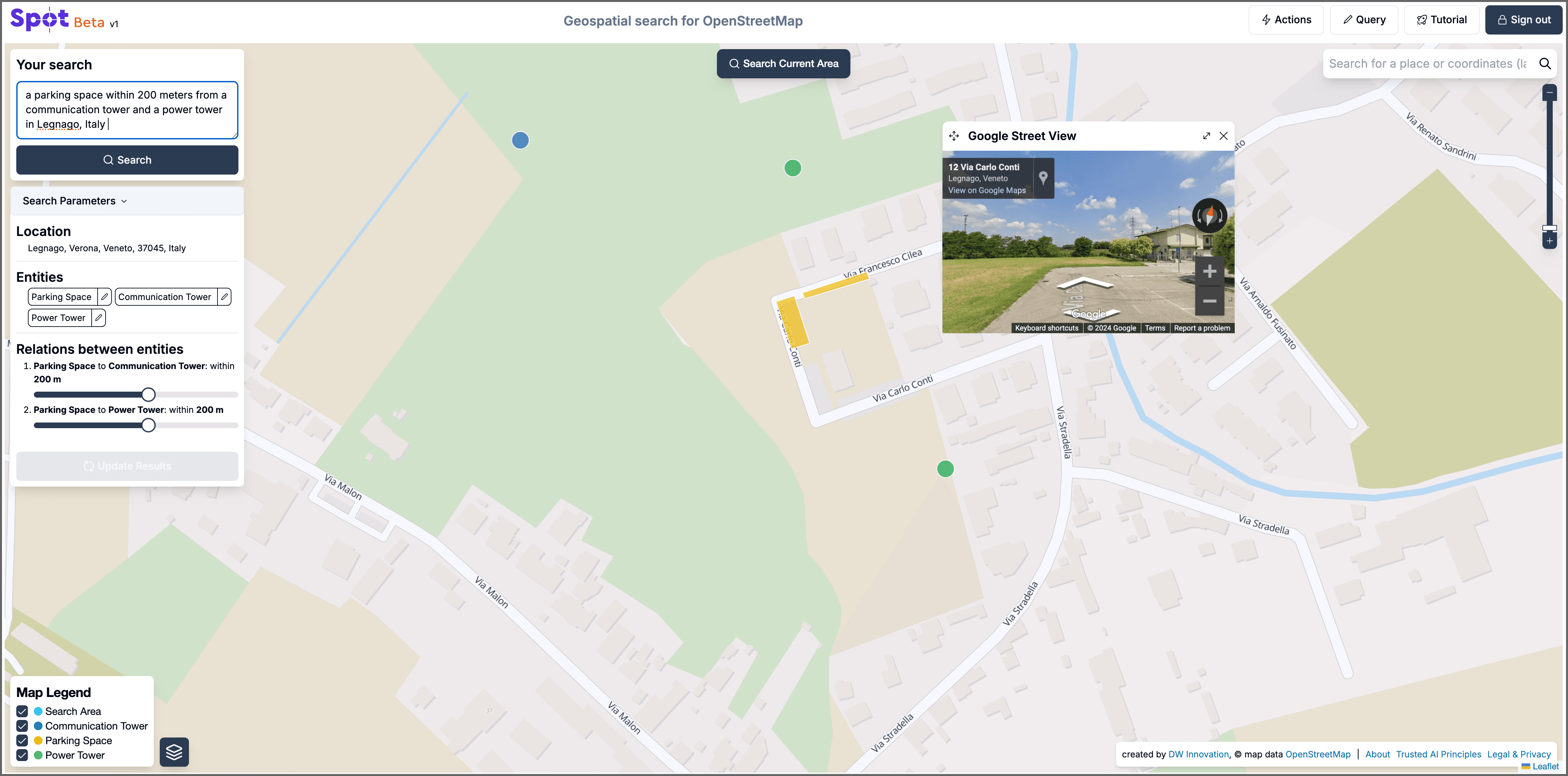 Image showing the results of a SPOT search on a map.