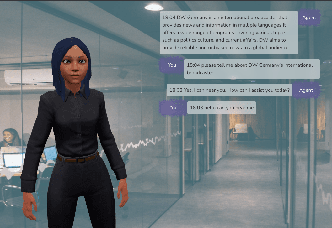 An avatar of a woman of color dressed in black, an office environment in the background, and four chat windows.